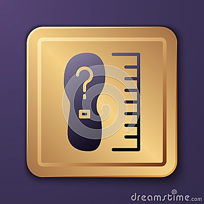 Purple Square measure foot size icon isolated on purple background. Shoe size, bare foot measuring. Gold square button Vector Illustration