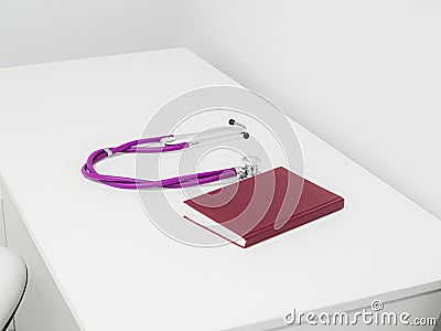 Purple stethoscope and red medical journal, notebook on white table in cabinet. Stock Photo