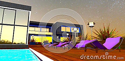 Purple sun loungers on the wooden floor near the swimming pool in front of the glass facade of the advanced house. 3d rendering Stock Photo