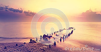 After purple sunset, peaceful sea landscape Stock Photo