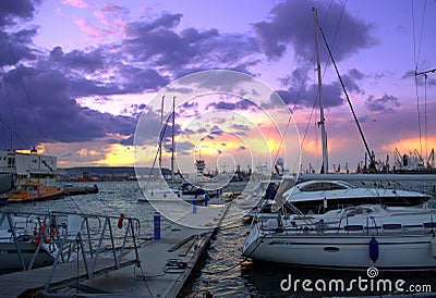 Purple sunset sky over yacht port Editorial Stock Photo