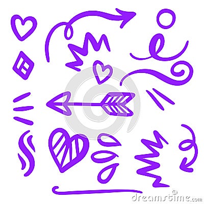 Purple Swirls Swoosh Marks with Vector Hand Drawn Highlighter Accent Line Designs Vector Illustration