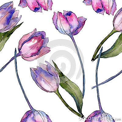 Purple tulip floral botanical flowers. Watercolor background illustration set. Seamless background pattern. Cartoon Illustration