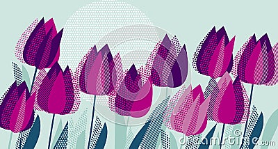 Purple tulip flowers with dot geometry texture pattern. Vector Illustration