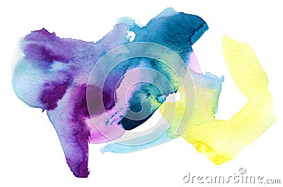 Purple, turquoise and yellow expressive watercolor stain. Stock Photo