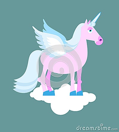 Purple Unicorn with blue mane on cloud. Mythical beast with wing Vector Illustration