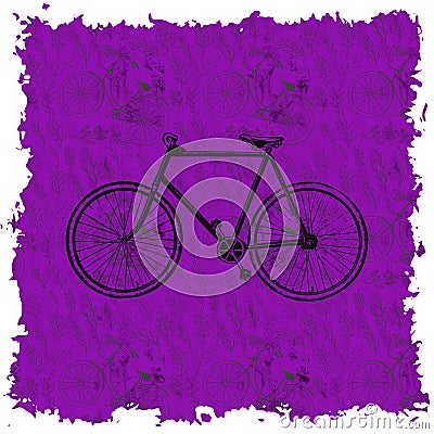 Purple Vintage Bicycle Illustration on patterned Background Stock Photo