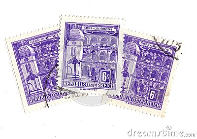 Purple vintage postage stamps from Austria.. Editorial Stock Photo