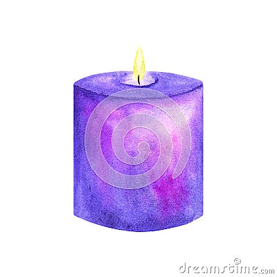 Purple violet burning candle. Hand drawn watercolor illustration. Isolated on white background. Cartoon Illustration