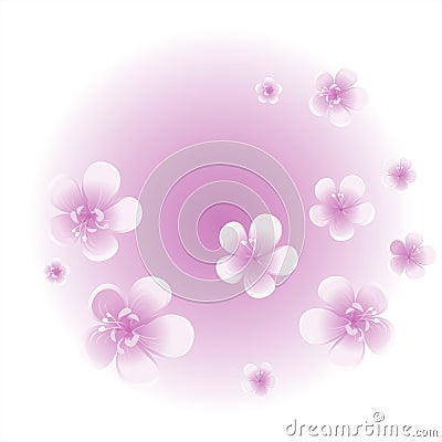 Purple Violet flowers isolated on violet gradient circle background. Apple-tree flowers. Cherry blossom. Vector Vector Illustration