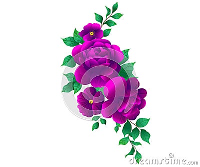 Purple and violet flowers vector design bouquets. Rose, orchid, hydrangea, carnation, bell flower, eucalyptus greenery. Floral wed Vector Illustration