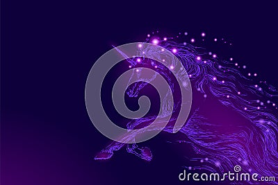 Purple violet glowing horse unicorn riding night sky star. Creative decoration magical backdrop shining cosmos space Vector Illustration