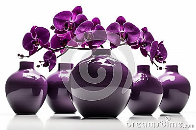 Purple, violet Phalaenopsis orchid in a beautiful vase on a table in white background. Stock Photo