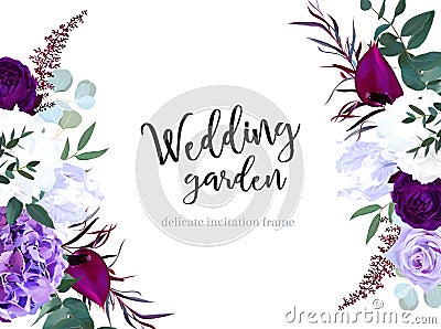 Purple and violet rose, white and deep blue hyrangea Vector Illustration