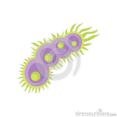 Purple virus with green cells and covered with short flagella. Microorganism under microscope. Flat vector icon Vector Illustration