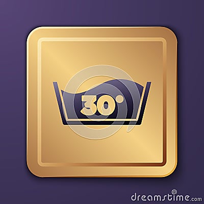 Purple Washing under 30 degrees celsius icon isolated on purple background. Temperature wash. Gold square button. Vector Vector Illustration
