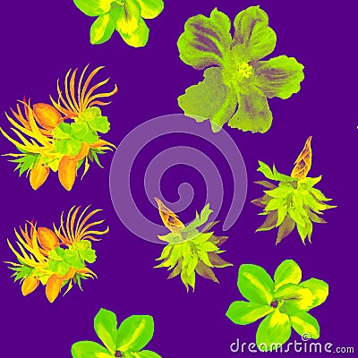 Purple Watercolor Textile. Green Flower Palm. Neon Seamless Print. Blue Hibiscus Backdrop. Pattern Palm. Tropical Wallpaper. Fashi Stock Photo