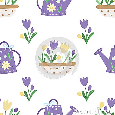 Purple watering can, garden planter with polka dots for flowers, tulips yellow and lilac colors, green leaves. Seamless vector pat Vector Illustration