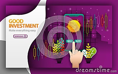 Purple webpage. good investment theme. stock sale application, determine sell and buy. can use for, landing page, template, mobile Vector Illustration