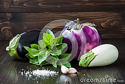 Purple and white eggplant (aubergine) with basil and garlic on dark wooden table. Fresh raw farm vegetables - harvest fr Stock Photo