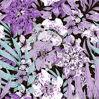 Purple and white flowers with leaves. Black background. Vector Illustration