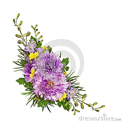 Purple and yellow flowers corner arrangement Stock Photo