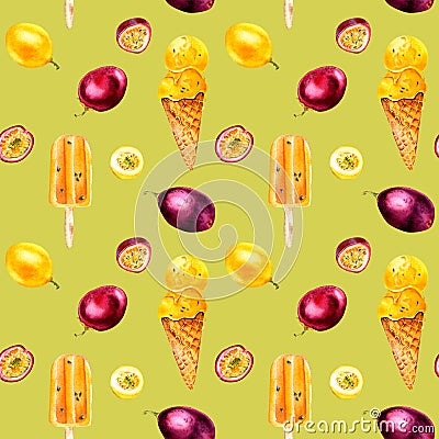 Purple, yellow maracuja and ice-cream watercolor seamless pattern isolated on green background. Stock Photo