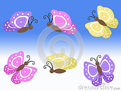 Purple yellow and pink spring butterfly illustrations with blue and white background Cartoon Illustration