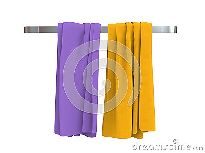 Purple and yellow towels on a towel hanger Stock Photo