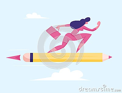 Purposeful Business Woman or Manager with Briefcase Flying on Pencil Rocket to Working Success and Goal Achievement Vector Illustration