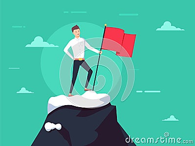 Purposeful businessman with flag in hand. Beginning of way to achievement of goal. Standing in front climb to mountain. Vector Illustration