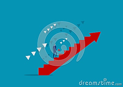 Purposeful businessman on stairs goes to goal. Mission climb to mountain. Purpose concept. Vector Illustration