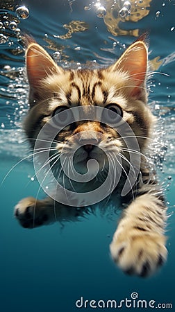 Purr fect dive Cute cat exhibits charming underwater swimming prowess Stock Photo