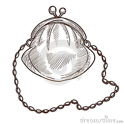 Purse on chain or vintage female accessory isolated sketch Vector Illustration