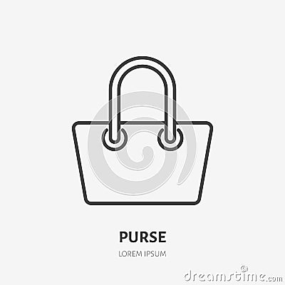 Purse flat line icon. Women handbag, carry-on sign. Thin linear logo for airport baggage rules Vector Illustration