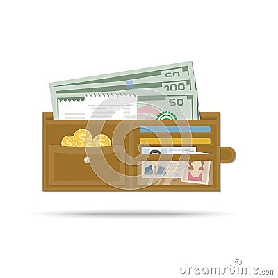 Purse Icon. Open leather men wallet with money, gold coins, checks, credit cards Vector Illustration