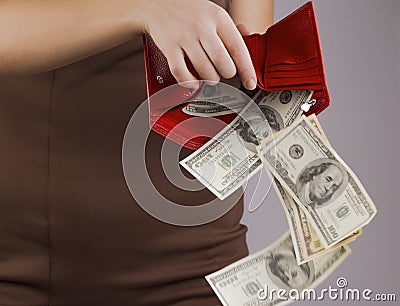 Purse with money in the hands of women, spending money Stock Photo