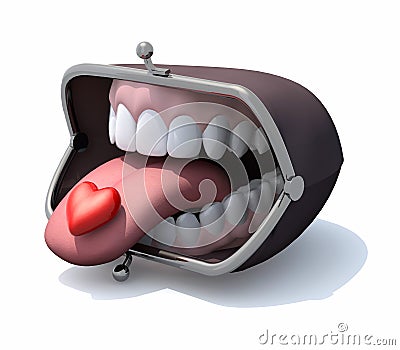 Purse with open mouth, tongue out and heart over Cartoon Illustration