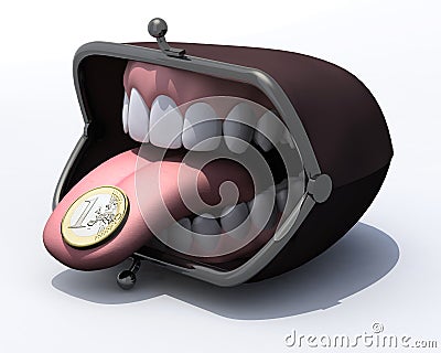 Purse with open mouth, tongue out and one euro coin Cartoon Illustration