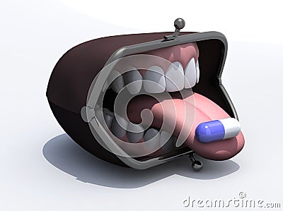 Purse with open mouth, tongue out and pill Cartoon Illustration