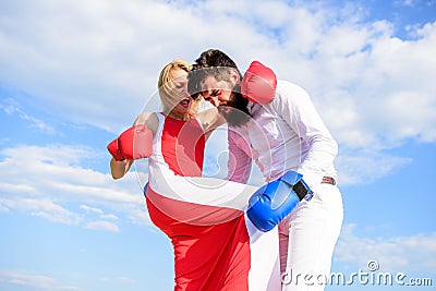 Pursue course of self defence. Attack is best defence. Defend your opinion in confrontation. Man and woman fight boxing Stock Photo