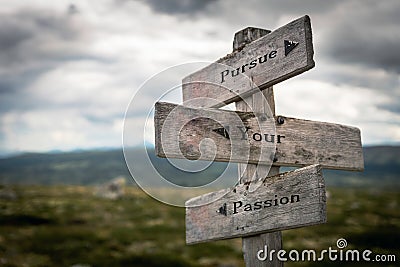 Pursue your passion text on wooden rustic signpost outdoors in nature/mountain scenery. Stock Photo