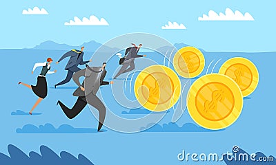 Pursuit of big money. Business people men and women trying to catch gold coins, successful career growth. Achieve the Vector Illustration