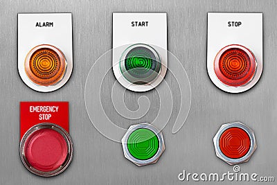 Push button switch with emergency stop and start stop alarm lamp signal on stainless steel panel wit clipping path. Stock Photo