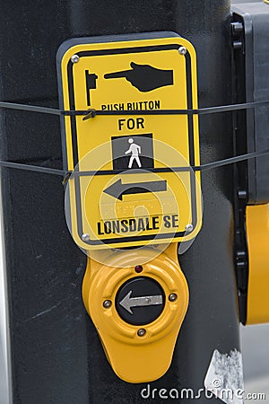 Push button to turn on the pedestrian traffic light. North Vancouver Canada Stock Photo