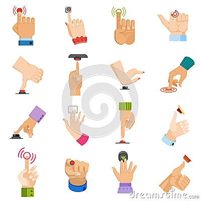 Push button vector hand pushing control-button and finger pressing knobby command-button start illustration set of arms Vector Illustration