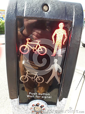 Push button wait signal set on red for stop for pedestrians Stock Photo