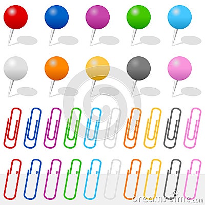 Push Pins and Paper Clips Set Vector Illustration