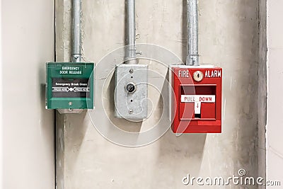 Push in pull down switch in case of fire and emergency door release switch Stock Photo