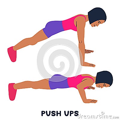 Push ups. Sport exersice. Silhouettes of woman doing exercise. Workout, training Cartoon Illustration